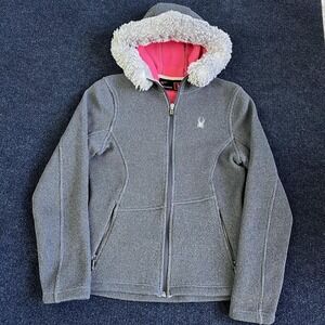 Spyder Sweater Jacket Womens Medium Gray Fleece Lined Hooded Full Zip Faux Fur